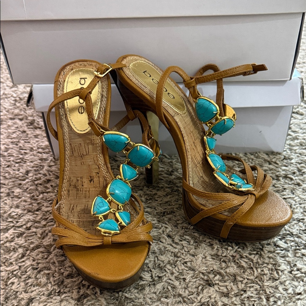 Bebe Brown and Turquoise Heeled Sandals